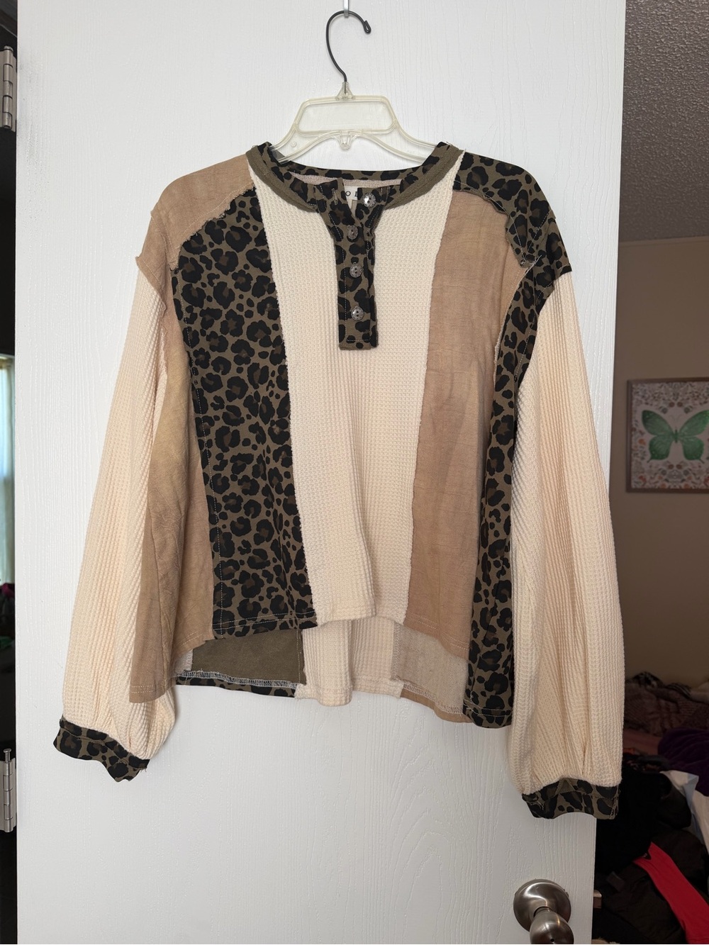 POL Waffle Knit Button-Front Top in Cream & Brown Leopard